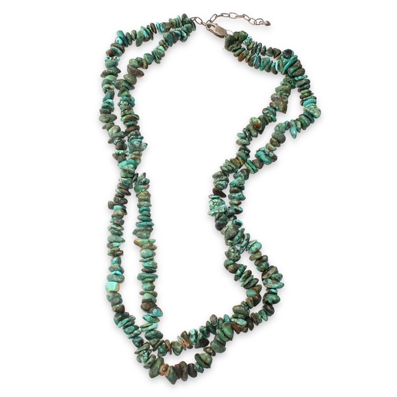 Vintage Genuine Turquoise Nugget Beaded Necklace Double Strand Sterling Silver - Picture 2 of 4